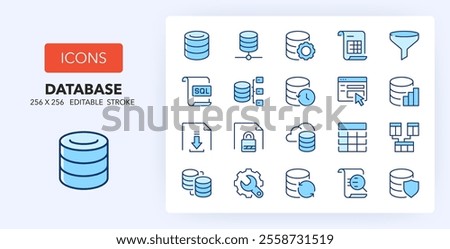 Line icons about database and data technology. Contains such icons as server, storage, security and more. 256x256 Pixel Perfect editable in two colors