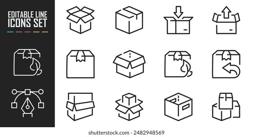 Iconos de línea sobre cajas de entrega y paquete. Colección de símbolos de contorno. Trazo de Vector editable.