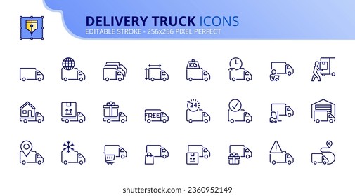 Line icons about delivery truck. Contains such icons as logistics services, shipping incident, loading and unloading. Editable stroke. Vector 256x256 pixel perfect.