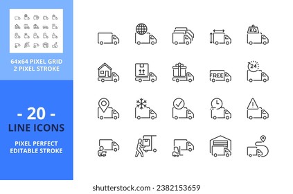 Iconos de línea sobre el camión de entrega. Contiene iconos como servicios logísticos, incidentes de envío, carga y descarga. Trazo editable. Vector: cuadrícula perfecta de 64 píxeles