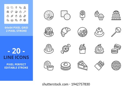 Iconos de línea sobre los postres. Contiene íconos como pastel, muffin, panadería, crepes, cruasán, gofre, caramelos, chocolate y helado. Trazo editable. Vector: cuadrícula perfecta de 64 píxeles