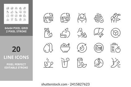 Line icons about detox and cleanse. Editable vector stroke. 64 and 256 Pixel Perfect scalable to 128px...