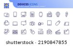 Line icons about devices. Contains such icons as mobile, tablet, PC, ereader, smart watch, printer and camera. Editable stroke Vector 256x256 pixel perfect