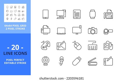 Line icons about devices. Contains such icons as mobile, tablet, PC, ereader, smart watch, printer and camera. Editable stroke. Vector - 64 pixel perfect grid