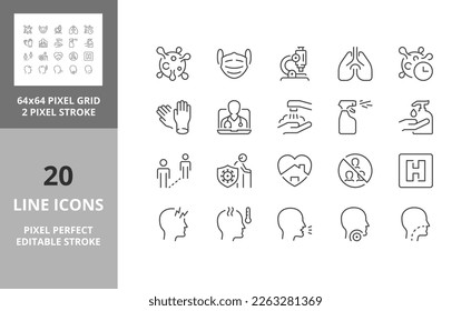 Line icons about diagnosis, symptomatology and prevention of coronavirus. Editable vector stroke. 64 and 256 Pixel Perfect scalable to 128px