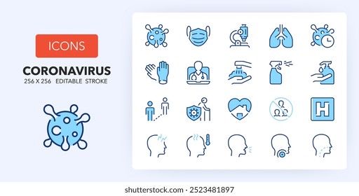 Line icons about diagnosis, symptomatology and prevention of coronavirus. Contains such icons as virus, fever, sanitizer and more. 256x256 Pixel Perfect editable in two colors