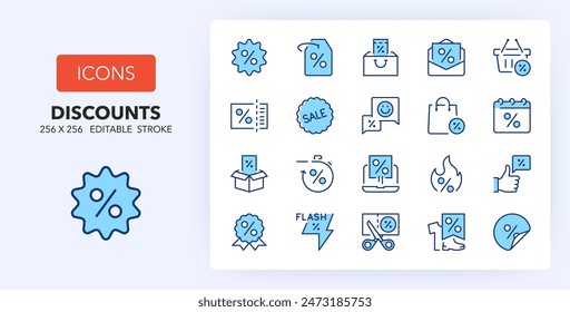 Line icons about discounts. Contains such icons as offer, voucher, promotion and more. 256x256 Pixel Perfect editable in two colors