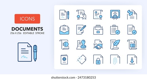 Line icons about documents. Contains such icons as agreement, contract, checklist and more. 256x256 Pixel Perfect editable in two colors