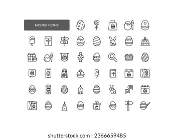 Line icons about Easter holidays. Contains such icons as easter egg, spring, bunny, hat, calendar