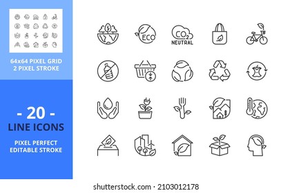 Line icons about eco lifestyle. Ecology concept. Contains such icons as CO2 neutral, zero waste, use bike, green energy and global warming. Editable stroke. Vector - 64 pixel perfect grid
