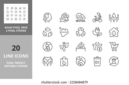 Line icons about eco lifestyle. Editable vector stroke. 64 and 256 Pixel Perfect scalable to 128px