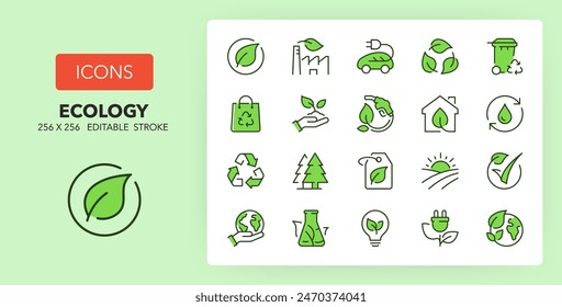 Line icons about ecology. Contains such icons as recycle, eco label, bio fuel and more. 256x256 Pixel Perfect editable in two colors