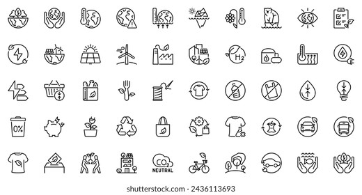 Line icons about ecology as green energy, zero waste, environmental sustainability and climate action. Editable stroke and pixel perfect.