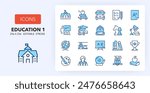 Line icons about Education and back to school. Contains such icons as learning, knowledge, classroom and more. 256x256 Pixel Perfect editable in two colors. Set 1 of 2