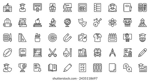 Line icons about education as school, subjects and school supplies. Editable stroke and pixel perfect.