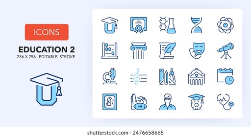 Line icons about Education and university. Contains such icons as lactation, fetus, insemination and more. 256x256 Pixel Perfect editable in two colors. Set 2 of 2