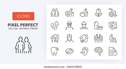 Line icons about elderly. Contains such icons as nursing home, insurances, medical assistance and more. Editable vector stroke. 256 Pixel Perfect scalable to 128px...