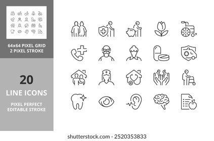 Line icons about elderly. Contains such icons as nursing home, insurances, medical assistance and more. Editable vector stroke. 64 and 256 Pixel Perfect scalable to 128px...