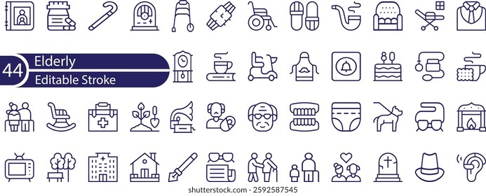 Line icons about elderly. Contains such icons as nursing home, insurances, medical assistance and more.