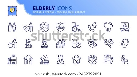 Line icons about elderly. Contains such icons as seniors, health care, retirement planning and insurance. Editable stroke. Vector 256x256 pixel perfect.