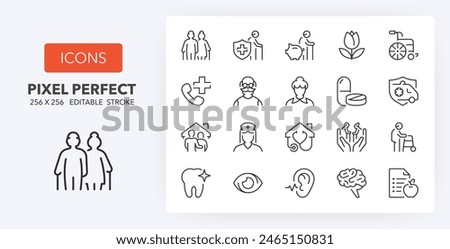 Line icons about elderly. Contains such icons as nursing home, insurances, medical assistance and more. Editable vector stroke. 256 Pixel Perfect scalable to 128px...