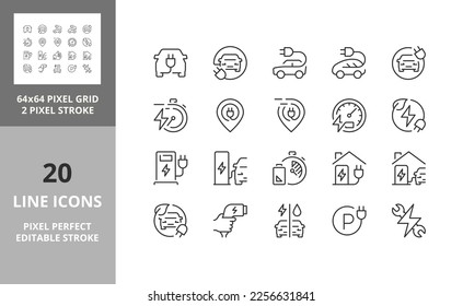 Line icons about electric car. Editable vector stroke. 64 and 256 Pixel Perfect scalable to 128px