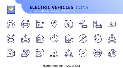 Line icons about electric vehicles. Sustainable development Contains such icons as electric car, motorbike, scooter, battery and charging station. Editable stroke Vector 256x256 pixel perfect - Shutterstock ID 2209654951