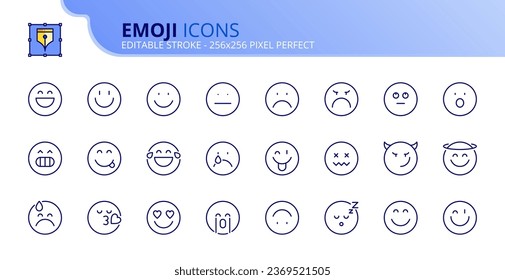 Line icons about emoji. Contains such icons as facial expression, satisfaction scale and emotions about happy, funny, sad, angry. Editable stroke. Vector 256x256 pixel perfect.