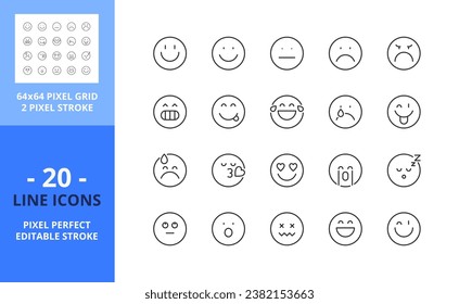 Line icons about emoji. Contains such icons as facial expression, satisfaction scale and emotions about happy, funny, sad, angry. Editable stroke. Vector - 64 pixel perfect grid