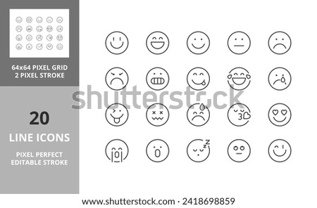 Line icons about emojis. Editable vector stroke. 64 and 256 Pixel Perfect scalable to 128px...