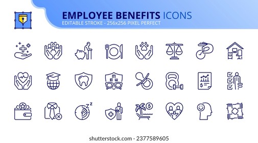 Line icons about employee benefits. Contains such icons as health insurance, social responsibility, retirement planning and bonus. Editable stroke. Vector 256x256 pixel perfect. svg