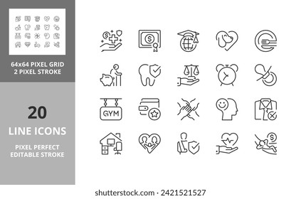 Line icons about employee benefits. Editable vector stroke. 64 and 256 Pixel Perfect scalable to 128px... svg