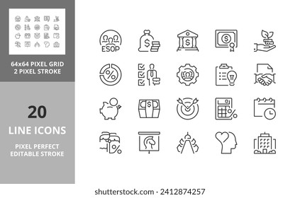 Line icons about Employee Stock Ownership Plan, business concept. Editable vector stroke. 64 and 256 Pixel Perfect scalable to 128px...