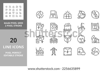 Line icons about energies. Editable vector stroke. 64 and 256 Pixel Perfect scalable to 128px