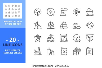 Line icons about energy. Contains such icons as nuclear, fossil fuel, solar, wind power, oil, biogas, green hydrogen. Editable stroke. Vector - 64 pixel perfect grid