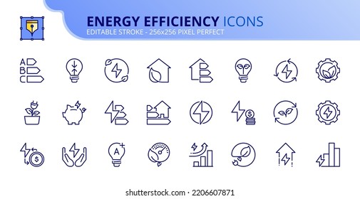 Line icons about energy efficiency and saving. Sustainable development. Contains such icons as renewable energy, environmental goal, value, eco transition. Editable stroke Vector 256x256 pixel perfect - Shutterstock ID 2206607871