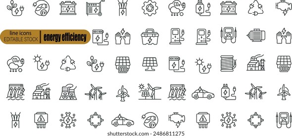 Line icons about energy efficiency and saving. Sustainable development. Thin line icon set. Symbol collection in transparent background. Editable vector stroke. 512x512 Pixel Perfect