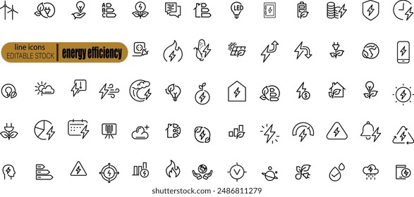 Iconos de línea sobre eficiencia energética y ahorro. Desarrollo sostenible. Conjunto de iconos de línea fina. Colección de símbolos en fondo transparente. Trazo de Vector editable. 512x512 píxeles perfecto