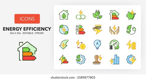 Line icons about energy efficiency and saving. Contains such icons as eco home, Aplus class, energetic trasition and more. 256x256 Pixel Perfect editable in colors