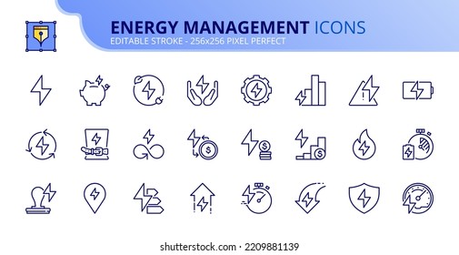 Line icons about energy management. Sustainable development Contains such icons as saving, regulation, price rise, consumption and efficiency. Editable stroke Vector 256x256 pixel perfect