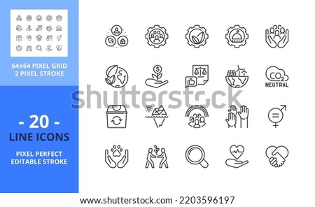 Line icons about Environmental Social Governance. Contains such icons as sustainable development, diversity, human rights and responsible investment. Editable stroke. Vector - 64 pixel perfect 商業照片 © 
