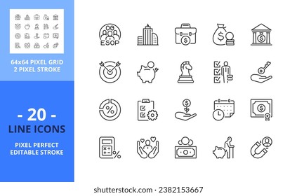 Iconos de línea sobre el plan de propiedad de acciones de los empleados de ESOP. Contiene iconos como la compañía, win-win, esquema y beneficios. Trazo editable. Vector: cuadrícula perfecta de 64 píxeles