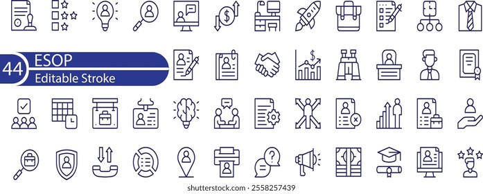 Line icons about ESOP employee stock ownership plan. Contains such icons as company, win-win, scheme and benefits