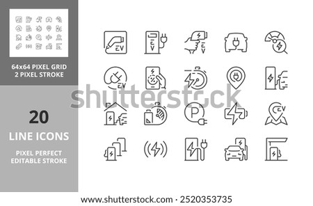 Line icons about EV charging stations. Editable vector stroke. 64 and 256 Pixel Perfect scalable to 128px...