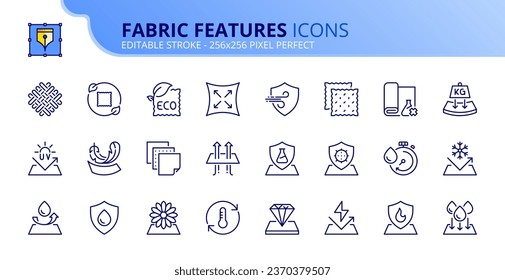 Line icons about fabric features. Contains such icons as membrane, waterproof, windproof, elastic, breathable and resistence. Editable stroke. Vector 256x256 pixel perfect.