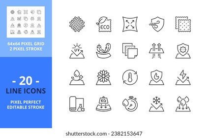 Line icons about fabric features. Contains such icons as membrane, waterproof, windproof, elastic, breathable and resistence. Editable stroke. Vector - 64 pixel perfect grid