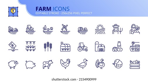 Line icons about farm. Contains such icons as tractor, windmill, vegetables, handmade products and animals. Editable stroke Vector 256x256 pixel perfect