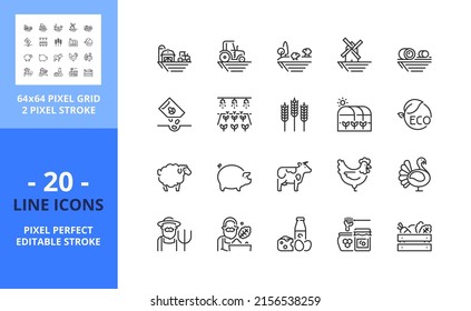 Line icons about farm. Contains such icons as tractor, windmill, vegetables, handmade products and animals Editable stroke. Vector - 64 pixel perfect grid