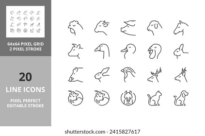 Line icons about farm and hunting animals. Editable vector stroke. 64 and 256 Pixel Perfect scalable to 128px...