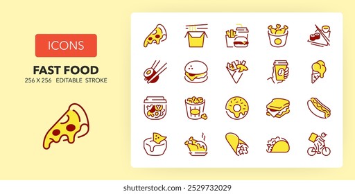 Line icons about fast food and take away. Contains such icons as pizza, hamburger, fish and chips and more. 256x256 Pixel Perfect editable in two colors